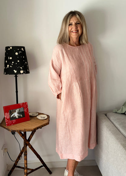 DVE - ANISHA Dress - Linen Pale Pink and White Stripe