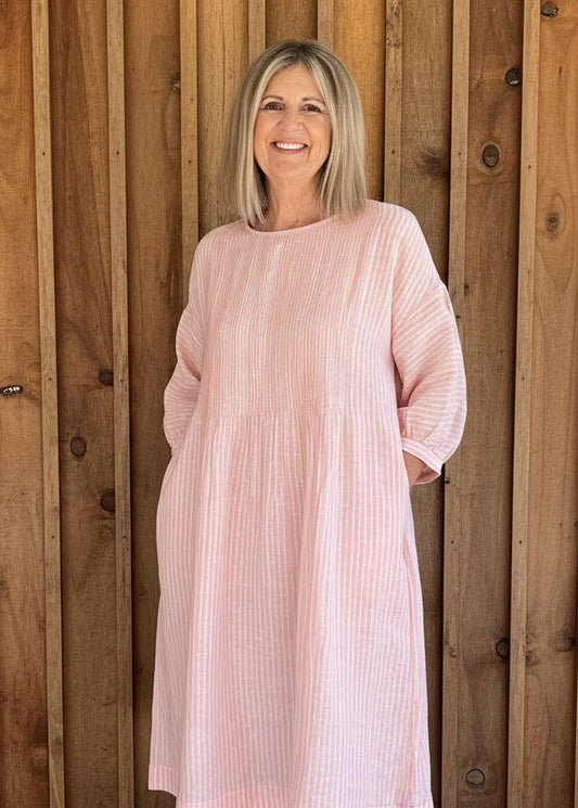 DVE - ANISHA Dress - Linen Pale Pink and White Stripe
