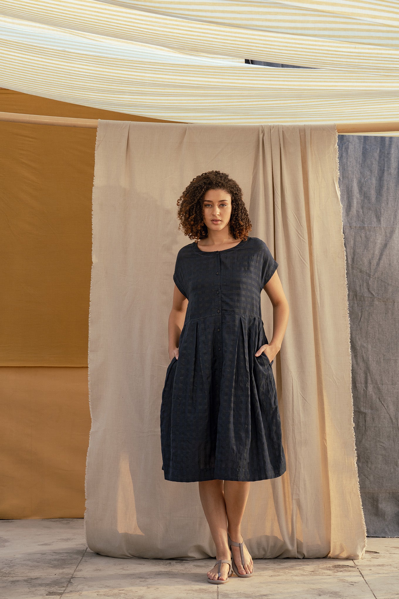 DVE - Beena Dress - Navy silk cotton check